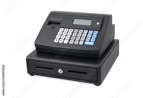 Modern black electronic cash register for retail checkout system isolated with register