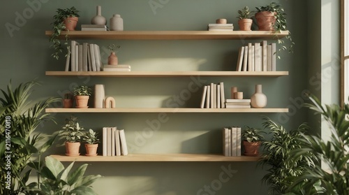 Stylish and natural home interior with a green wall, wooden shelving, books, and bright sunlight from a window.