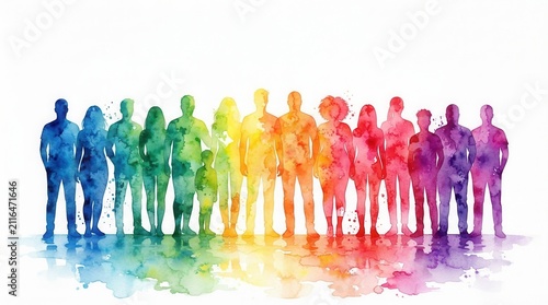 Unity, inclusion, and individuality in community represented by a diverse group of people standing together as rainbow watercolor silhouettes.