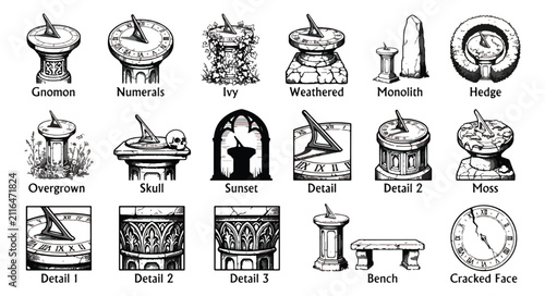 Quadro su tela Vintage sundial vector icons set, antique garden timepieces with roman numerals