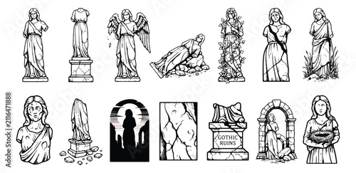 Obraz na plátne Ancient Greek statue collection, vintage marble sculpture illustrations, 14 clas