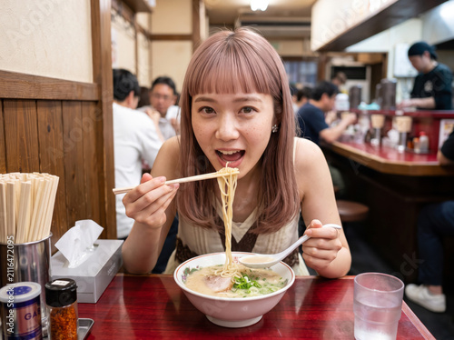 Obraz na płótnie ラーメンを食べるところの若い女性