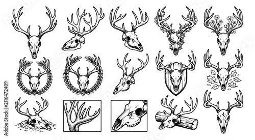 Konstfotografi Vintage deer skull vector set, rustic buck head skeleton illustrations, 13 hunti