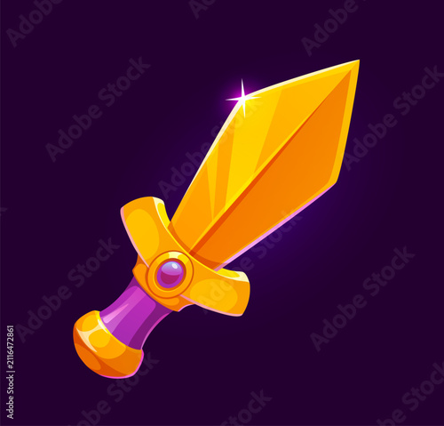 Konstfotografi Golden sword icon for game UI interface, cartoon medieval gold dagger and blade dirk or knife weapon