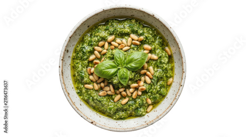 Fresh basil pesto sauce with pine nuts isolated on transparent background