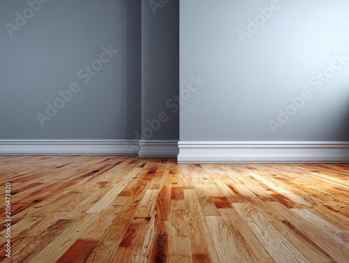 Interior room low angle featuring hardwood floor gray wall and white baseboard in modern home or apartment