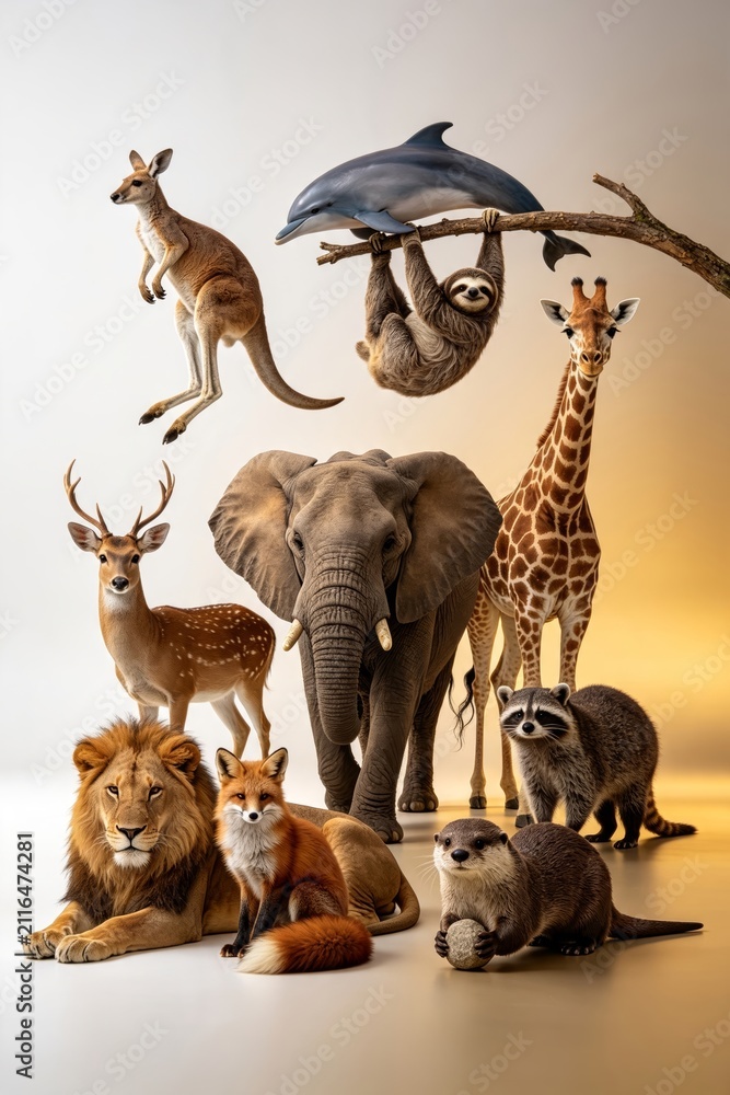 Fototapeta premium Epic Animal Collage Of Elephant Giraffe Lion Kangaroo Sloth Bear Deer And Otter In Varied Action Poses Against Soft Light Grey Studio Background