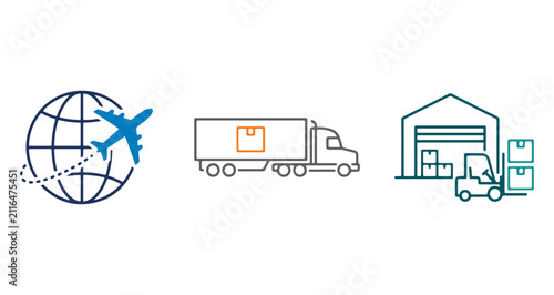 Logistics Shipping Icons Set, Global Freight with Airplane Globe, Delivery Truck and Warehouse