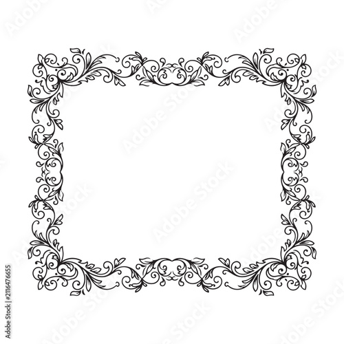 Floral ornament frame with swirling leaves black and white vector illustration