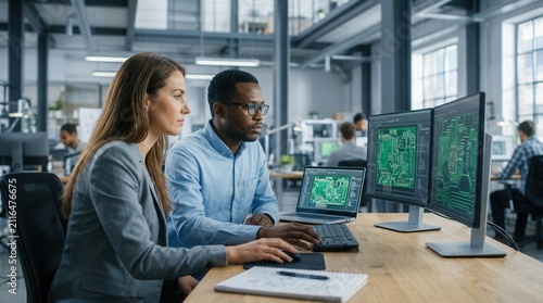 A young developer and engineer working together on electronic PCB design in their office.