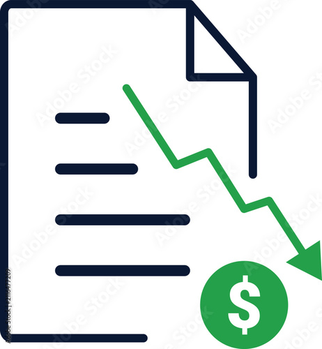 Financial Loss Report Icon with Dollar Symbol, Revenue Decline Analytics, Business Performance, Flat Line Vector Illustration