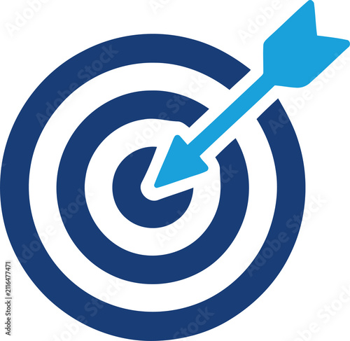 Blue target icon with arrow hitting the center isolated on transparent background