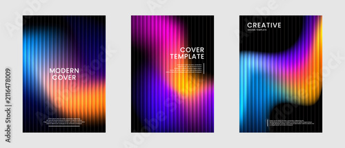 Minimalist abstract covers set. Colorful ribbed background bundle with cutout styles decoration in dark space. Modern graphic design element reeded glass concept for web, art, flyer, card, or brochure