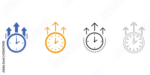 Alarm clock icon set, upward arrows productivity increase symbols, time management efficiency and fast service growth, business scheduling vector illustration pack