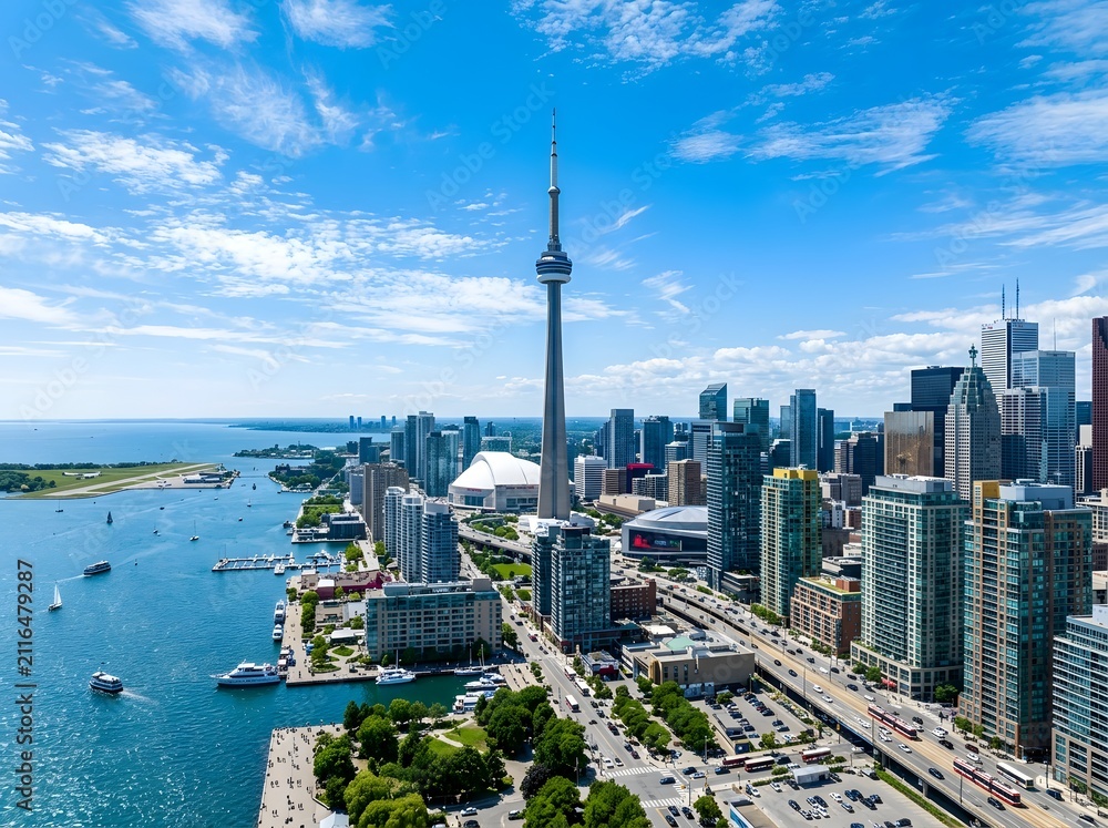 Fototapeta premium Aerial view of the toronto city skyline featuring the iconic cn tower and lake ontario on a sunny day