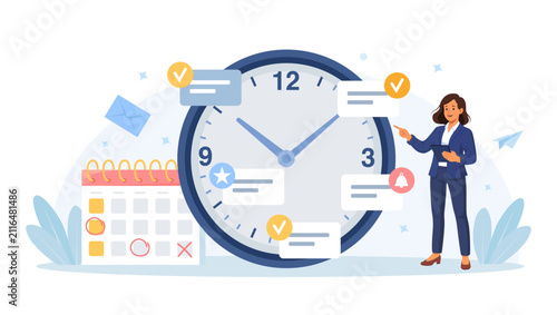 Businesswoman Organizing Tasks with Clock and Calendar for Time Management Scheduling Productivity and Deadlines Efficient Work Process Organization Flat Vector Illustration