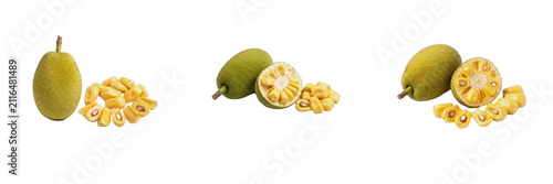 Fresh ripe jackfruit or breadfruit PNG collection with whole tropical fruit, sliced halves, and peeled yellow pods isolated on white background, high-resolution exotic food graphic design elements