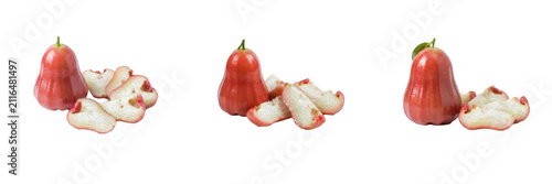 Fresh Whole and Sliced Red Rose Apple or Java Apple Fruit with Green Leaf Isolated on White Background PNG Collection for Digital Design, Tropical Fruit Illustration, Healthy Food Graphic Asset, and C