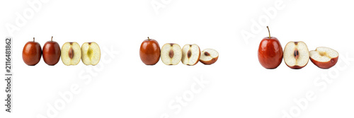 Fresh ripe red jujube fruit PNG collection with whole Chinese dates, sliced halves, and seed pit isolated on white background, high-resolution Asian fruit graphic design elements for culinary and well