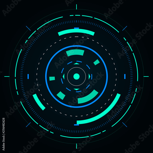 Futuristic circular heads up display interface with neon blue and cyan glowing digital technology elements.