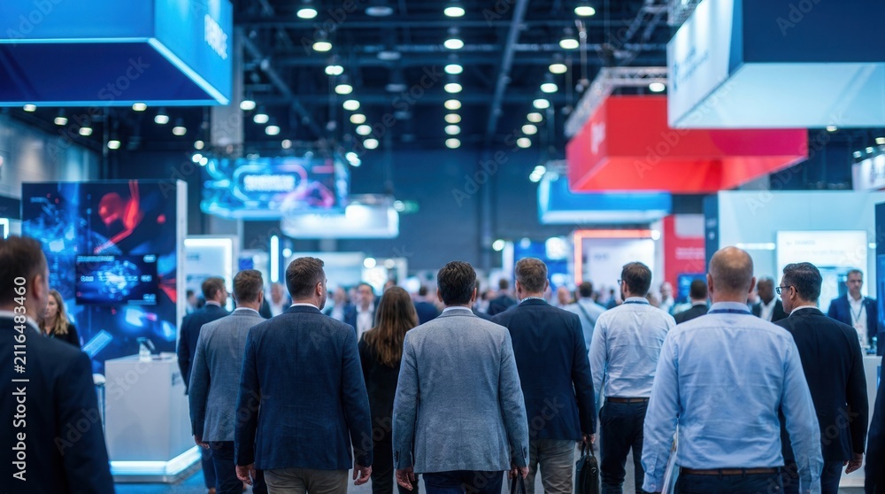 Fototapeta premium Vibrant banners and tech displays at a busy trade fair expo where a diverse crowd interacts at booths.