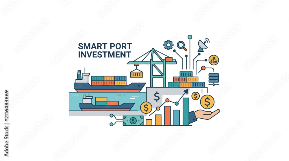 Naklejka premium Smart Port Investment: Container Ship, Crane, Graph, Money Icons, Technology