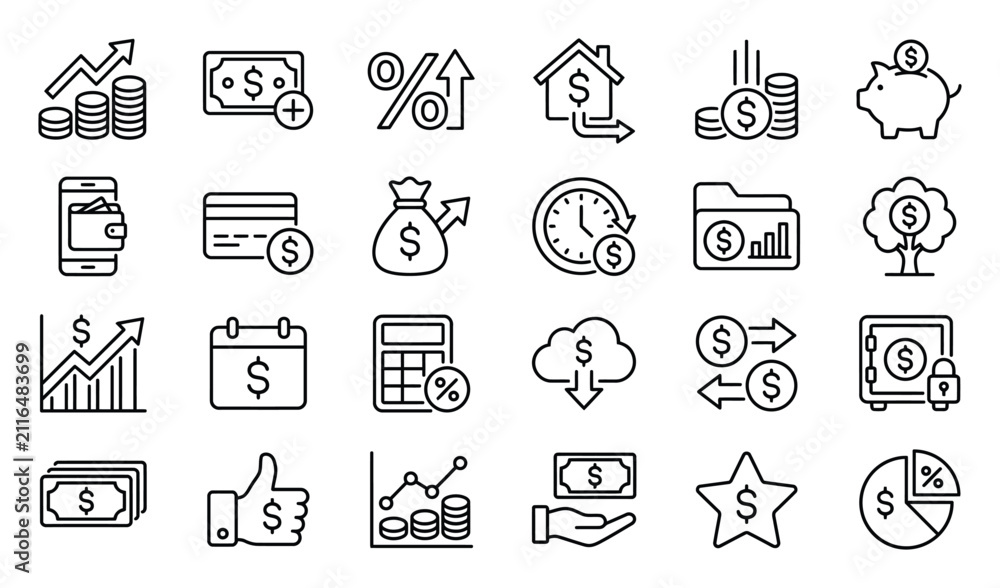 Fototapeta premium Set of financial business and banking vector outline icons with investment business currency accounting calculator analysis transaction interest management portfolio financial strategy
