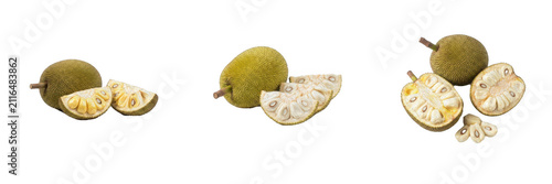 Fresh ripe breadfruit PNG collection with whole tropical fruit, sliced halves, and wedges isolated on white background, high-resolution exotic food graphic design elements for culinary and agriculture