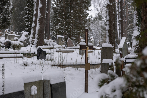 Canvastavla Snow-covered cemetery in Vilnius, Lithuania, during a calm winter day with light snowfall