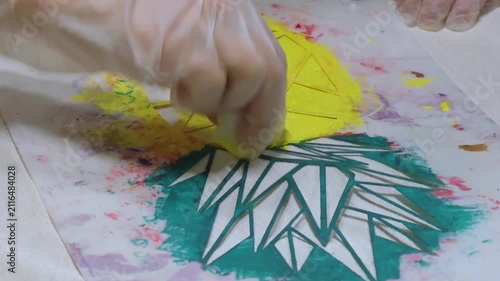 Stencil painting concept. Educational activity for children where they paint with colored paints. Creativity.	