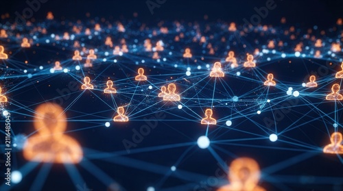 Glowing human icons connected by nodes and lines in an abstract network representing a global community and digital connections.