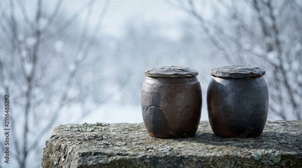 Obraz premium Two traditional clay jars with lids on a stone surface in winter