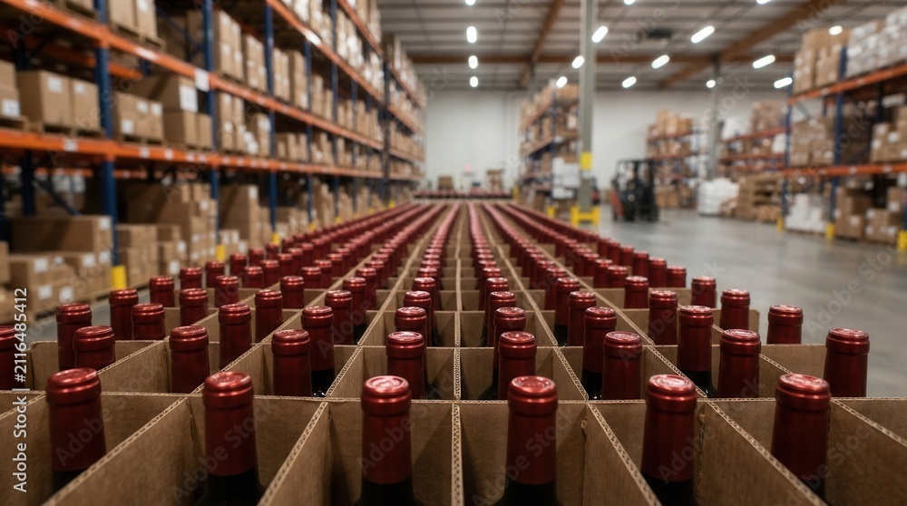 Obraz premium Cardboard boxes with rows of wine bottles stored in a large distribution center and warehouse.