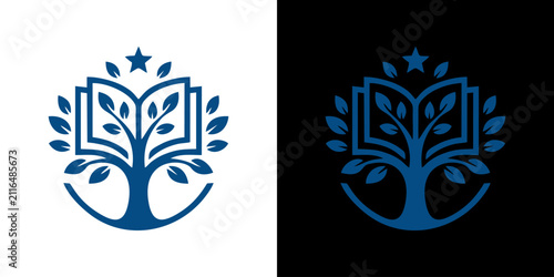 Blue tree book logo template with star and leaves for education, knowledge, learning, and school identity