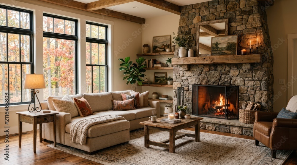 Obraz premium Cozy living room with stone fireplace and autumn foliage visible through windows