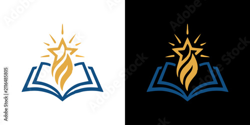 Elegant graphic illustration combining an open book with a shining star and a vibrant flame, symbolizing knowledge, aspiration, and spiritual guidance for educational and personal growth