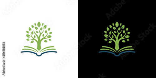Minimalist tree and book logo icons symbolizing growth in education and nature knowledge on light and dark backgrounds