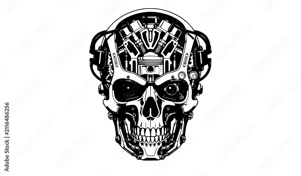 Fototapeta premium Mechanical Skull with Piston Brain and Spark Plug Concept Illustration