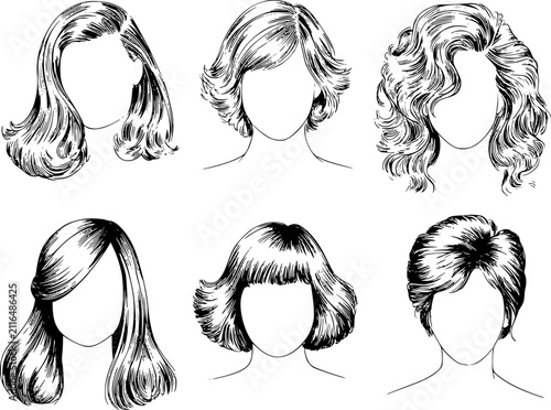 Foto Una colección de varios peinados de mujeres vintage ilustrados en línea blanca y