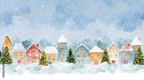 Charming watercolor village scene with snow falling and festive Christmas trees