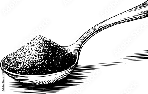 Una tinta detallada en blanco y negro de una cuchara de metal llena de un montón de azúcar granulada o especia