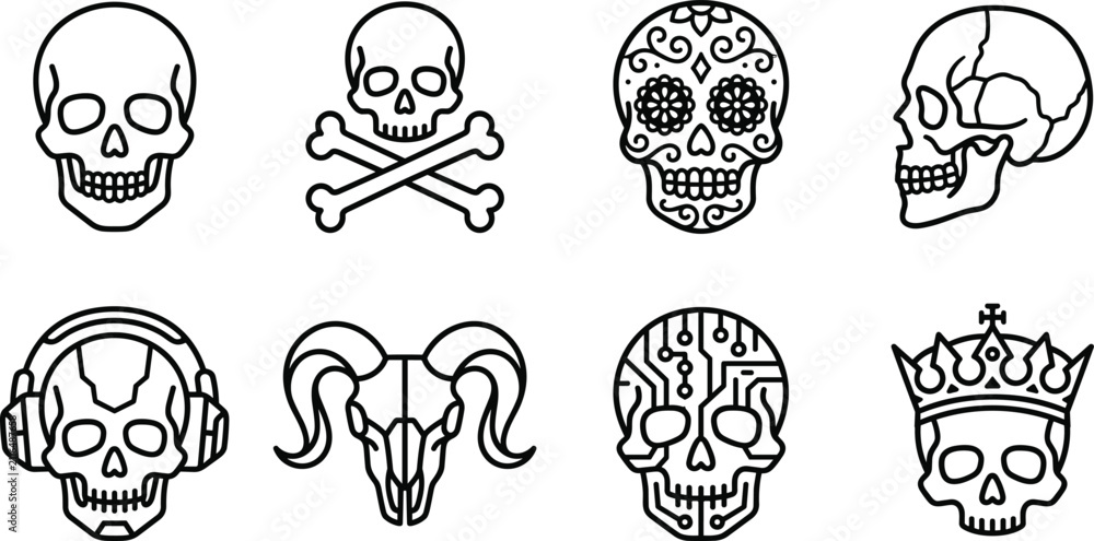 Fototapeta premium Human Skull and Crossbones Line Icon Set for Halloween Graphics, Gaming Interfaces, and Rock Merchandise Branding