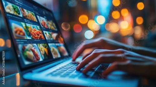 Scrolling culinary inspirations online laptop screen showcases diverse meal selections