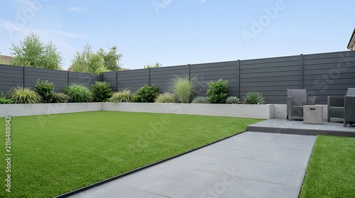 A modern landscaped garden featuring a pristine artificial lawn alongside contrasting grey ceramic paving slabs creating a clean and low-maintenance outdoor living space with no people present.