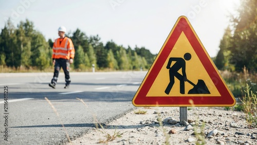 Road construction worker near warning sign. Highway maintenance crew at work site.