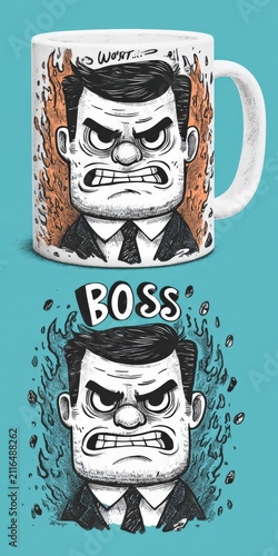 Angry boss character illustration on a coffee mug