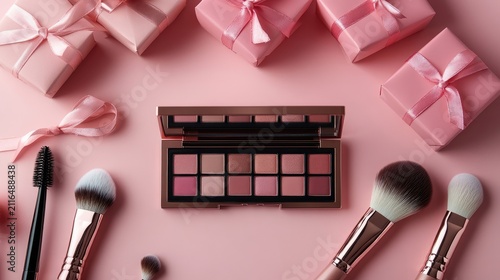 Sophisticated feminine arrangement featuring makeup palette and elegant gift boxes against a blush