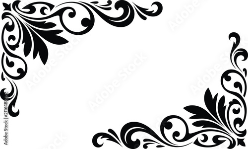 Decorative floral corner accent borders with elaborate swirling leaves ornament decorative silhouette illustration monochrome abstract template decoration botanical framecorner backdrop