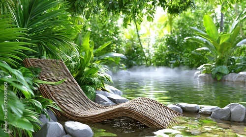 Relaxing lounge chair by calm water surrounded by lush green tropical plants