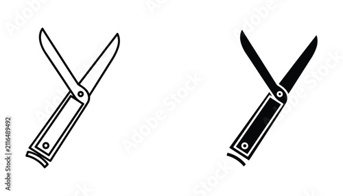 Utility folding pocket knife icon set featuring sharp blade silhouette and detailed line art for survival gear outdoor recreation camping equipment and hardware store branding imagery